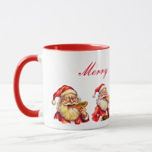 Weihnachtsmann, der Pizza-Mug isst Tasse