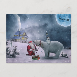 Weihnachtsmann, Eisbär, Schlitten, Rentiere, Weihn Feiertagspostkarte