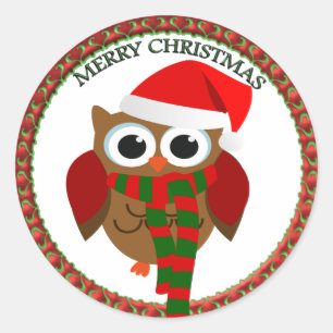 Weihnachtsmann-Eule mit einem roten und weißen Runder Aufkleber