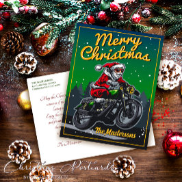Weihnachtsmann fährt auf einem Motorrad frohe Weih Feiertagspostkarte