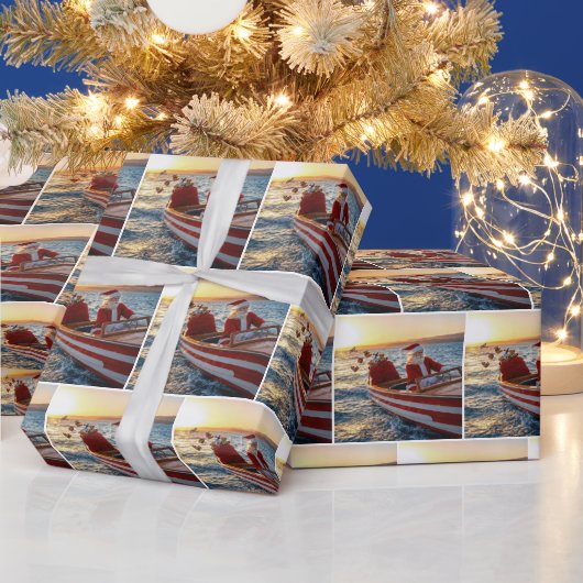 Weihnachtsmann fährt ein Speedboot Geschenkpapier (Feiertage)