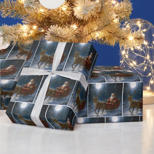 Weihnachtsmann fährt einen Schlitten im Mondlicht Geschenkpapier (Feiertage)