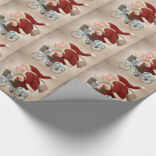 Weihnachtsmann fährt Fahrrad Geschenkpapier (Ecke)