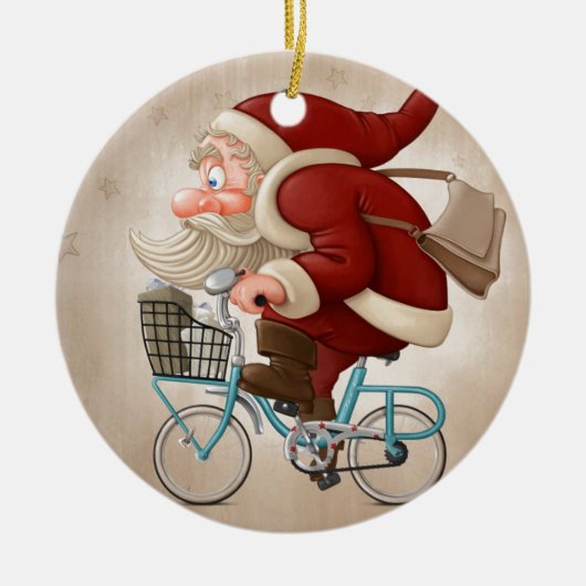 Weihnachtsmann fährt Fahrrad Keramikornament (Vorne)