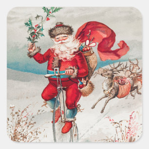 Weihnachtsmann fährt Fahrrad, Rentiere und Kaninch Quadratischer Aufkleber