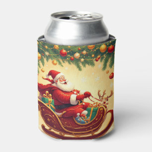 Weihnachtsmann fährt mit einem Rentier auf einem S Dosenkühler