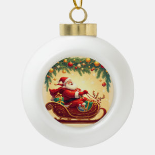 Weihnachtsmann fährt mit einem Rentier auf einem S Keramik Kugel-Ornament