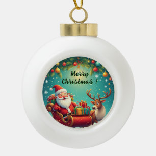 Weihnachtsmann fährt mit einem Rentier auf einem S Keramik Kugel-Ornament