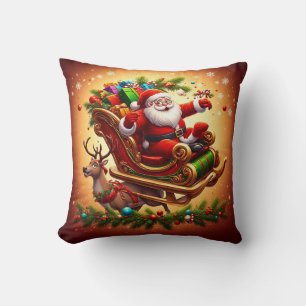Weihnachtsmann fährt mit einem Rentier auf einem S Kissen