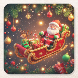 Weihnachtsmann fährt mit einem Rentier auf einem S Rechteckiger Pappuntersetzer