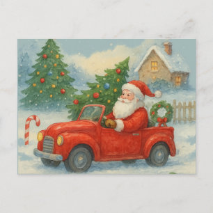 Weihnachtsmann fährt rotes Auto Vintage Weihnachte Feiertagspostkarte