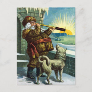 Weihnachtsmann Fernglas Hund Sonnenuntergang im Vi Feiertagspostkarte