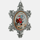 Weihnachtsmann fliegt altes Flugzeug Schneeflocken Zinn-Ornament (Links)