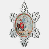 Weihnachtsmann fliegt altes Flugzeug Schneeflocken Zinn-Ornament (Rechts)