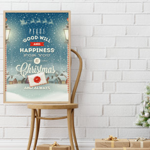 Weihnachtsmann fliegt über schneebedecktes Dorf We Poster
