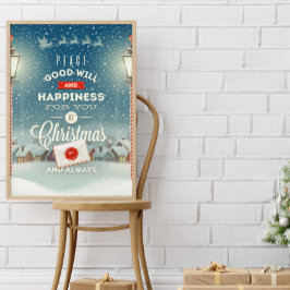 Weihnachtsmann fliegt über Snowclad Village Weihna Poster