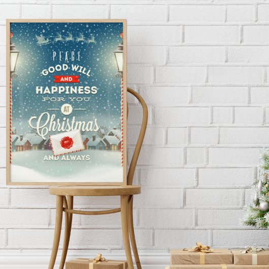 Weihnachtsmann fliegt über Snowclad Village Weihna Poster