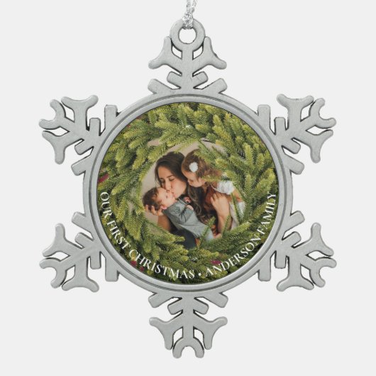 Weihnachtsmann-Foto Schneeflocken Zinn-Ornament (Vorderseite)