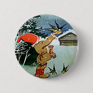 Weihnachtsmann füttert Vögel von Hand im Schnee Button
