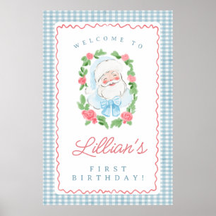 Weihnachtsmann-Geburtstags-Schild mit blauem Gingh Poster