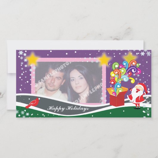 Weihnachtsmann, Geschenkboxen und Kardinal Fotokar Feiertagskarte (Vorderseite)