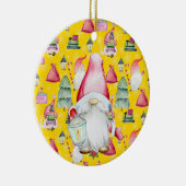 Weihnachtsmann-Gnome & Gelbes Muster Name & Datum Keramik Ornament (Rechts)