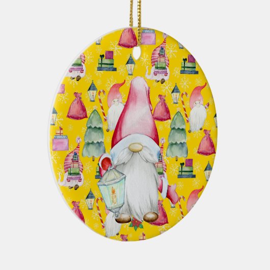 Weihnachtsmann-Gnome & Gelbes Muster Name & Datum Keramik Ornament (Rechts)