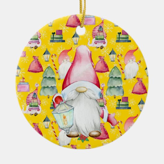 Weihnachtsmann-Gnome & Gelbes Muster Name & Datum Keramik Ornament (Vorne)