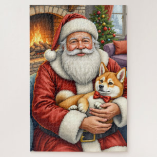Weihnachtsmann hält Akita-Weihnachtskunst Puzzle