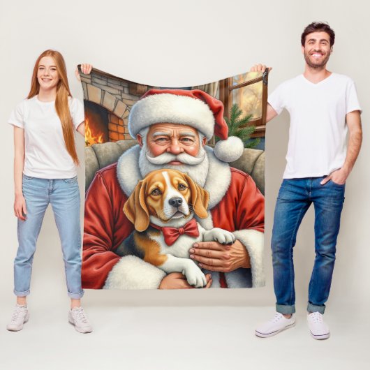 Weihnachtsmann hält Beagle-Weihnachtskunst Fleecedecke (Beispiel)