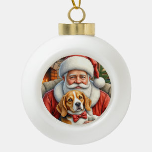 Weihnachtsmann hält Beagle-Weihnachtskunst Keramik Kugel-Ornament
