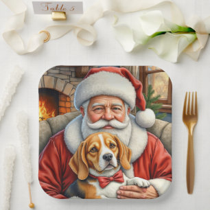 Weihnachtsmann hält Beagle-Weihnachtskunst Pappteller