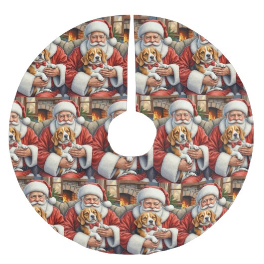 Weihnachtsmann hält Beagle-Weihnachtskunst Polyester Weihnachtsbaumdecke (Vorderseite)
