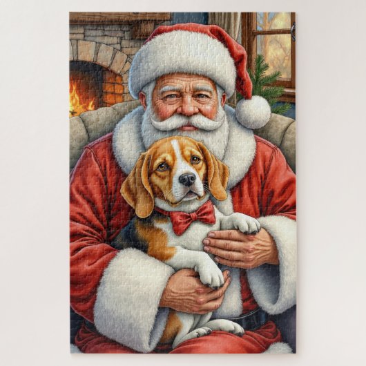 Weihnachtsmann hält Beagle-Weihnachtskunst Puzzle (Vertikal)