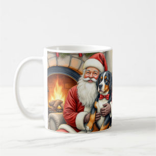 Weihnachtsmann hält Berner Sennenhund Weihnachten Kaffeetasse