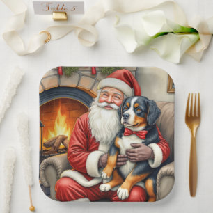 Weihnachtsmann hält Berner Sennenhund Weihnachten Pappteller