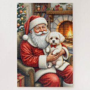Weihnachtsmann hält Bichon Frise Weihnachtskunst Puzzle