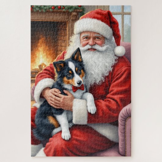 Weihnachtsmann hält Border Collie - Weihnachtskuns Puzzle (Vertikal)