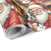 Weihnachtsmann hält Boston Terrier Weihnachtskunst Geschenkpapier (Rolleneckpunkt)