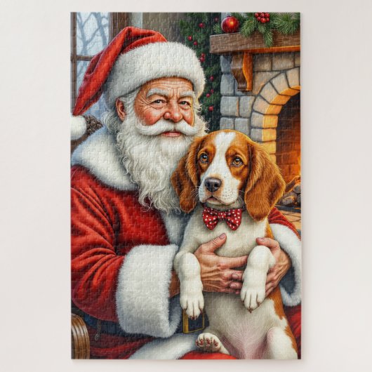 Weihnachtsmann hält Brittany Spaniel Weihnachtskun Puzzle (Vertikal)