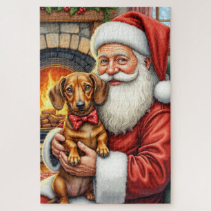 Weihnachtsmann hält Dackel-Weihnachtskunst Puzzle