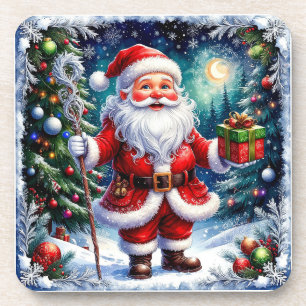 Weihnachtsmann hält ein Geschenk in einer magische Getränkeuntersetzer