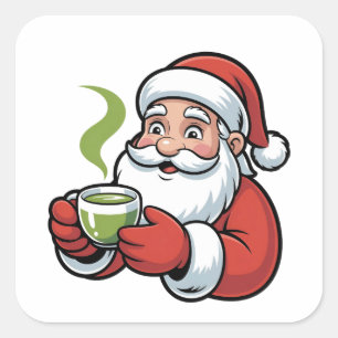 Weihnachtsmann hält ein Matcha-Getränk Weihnachten Quadratischer Aufkleber