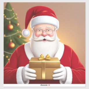 Weihnachtsmann hält Geschenkbox neben dem Weihnach Aufkleber