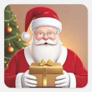 Weihnachtsmann hält Geschenkbox neben dem Weihnach Quadratischer Aufkleber