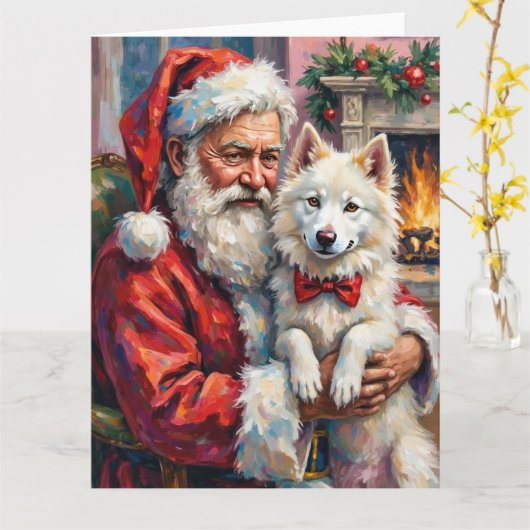 Weihnachtsmann hält Samojede-Christmas-Kunst Karte (Gelbe Blume)
