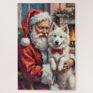 Weihnachtsmann hält Samojeden-Weihnachtskunst Puzzle