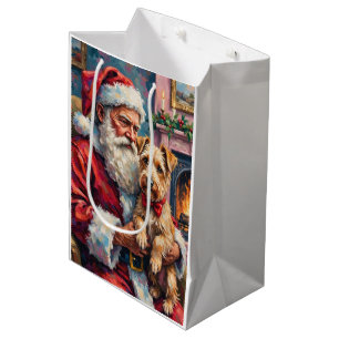 Weihnachtsmann hält Wheaten Terrier Christmas-Kuns Mittlere Geschenktüte