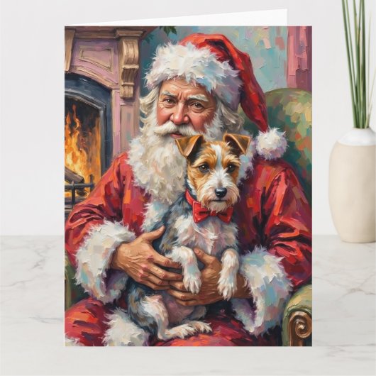 Weihnachtsmann hält Wirefox Terrier Weihnachtskuns Karte (Vorderseite)
