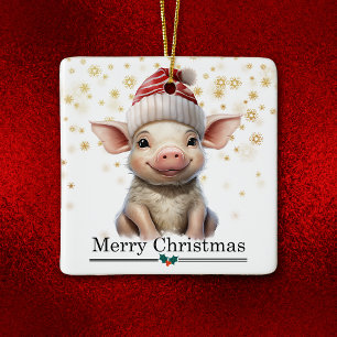 Weihnachtsmann-Hütchen Kleines Schwein Frohe Weihn Keramikornament